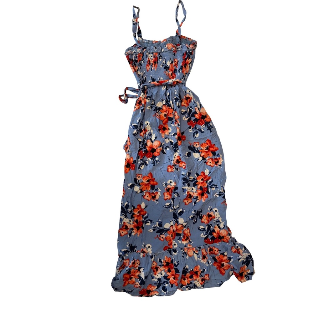 Band of Gypsies Blue Floral Smocked Maxi Dress Small Boho Ruffle Hem Belted